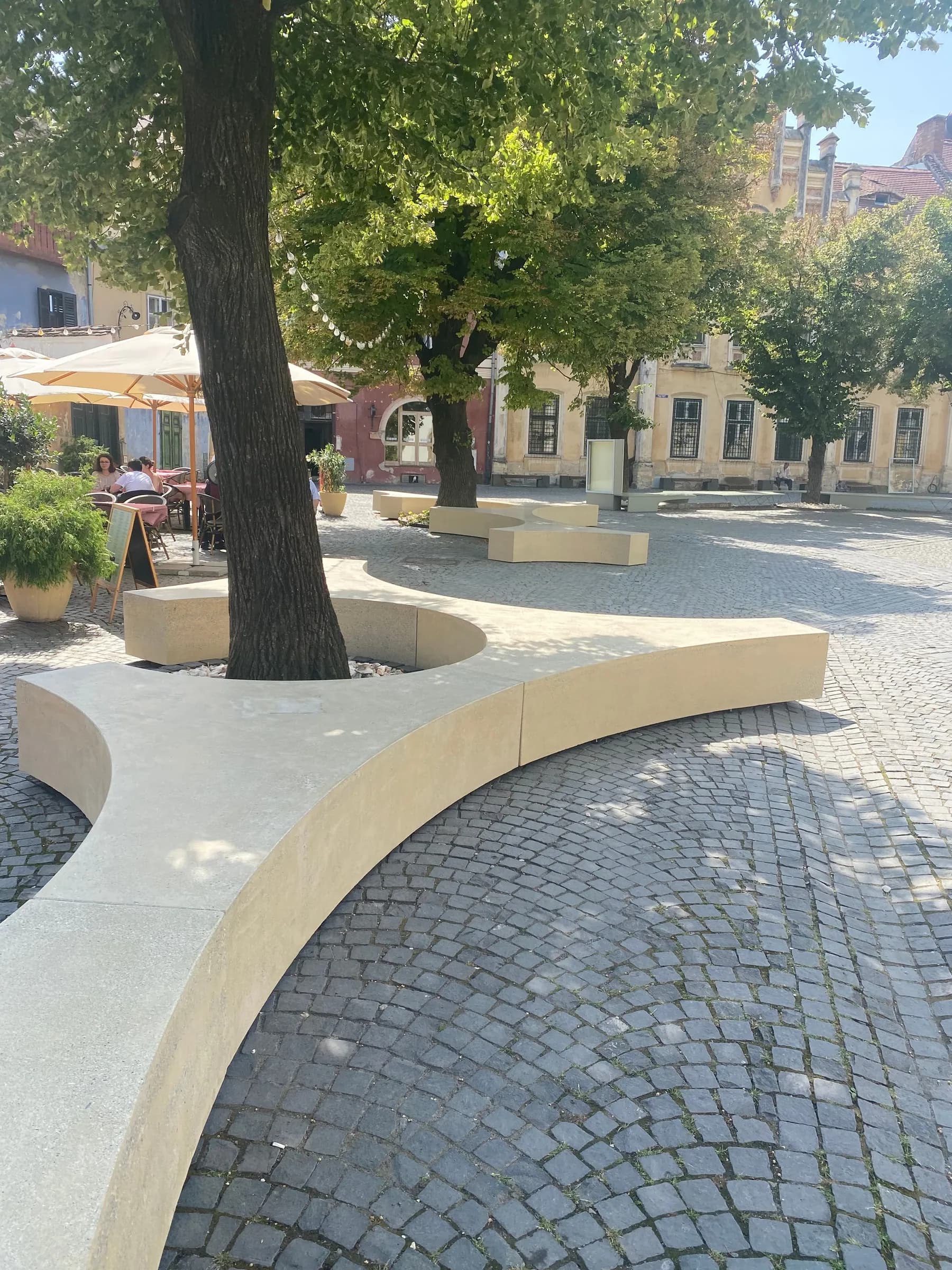Module din beton cu laturi arcuite, grupate în jurul unui copac, pe pavajul din piatră cubică al pieței