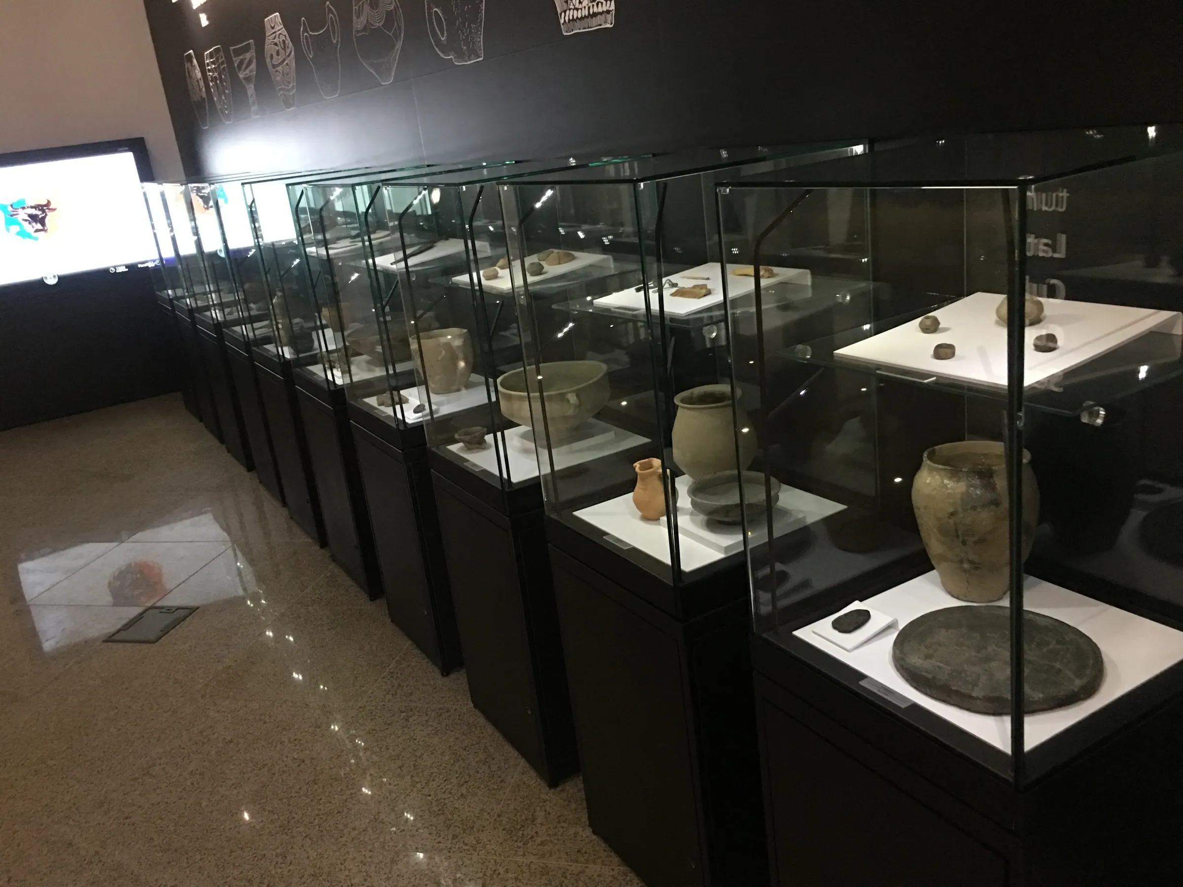 Vitrine de sticlă aliniate pe lungimea sălii, cu vase și obiecte arheologice